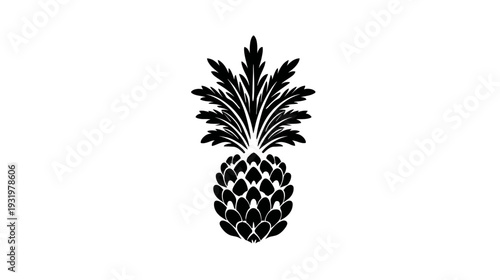 A simple, symmetrical black pineapple illustration with a spiky crown on a stark white background