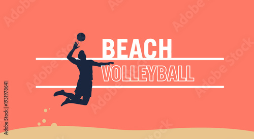 Dynamic Beach Volleyball Action: A Silhouette of Athleticism Against A Vivid Coral Background