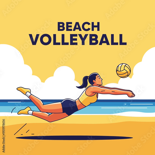 Dynamic Beach Volleyball Action: Female Athlete Diving to Save the Ball with Skill and Grace