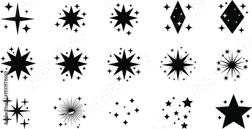 Starburst and sparkle icon silhouette collection with decorative celestial motifs, twinkling effect illustration, design element concept, flat vector graphic