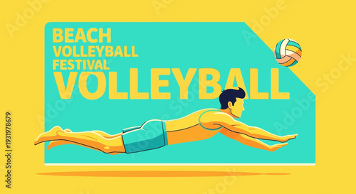 Dynamic Beach Volleyball Festival Poster Depicting A Player Diving for A Ball