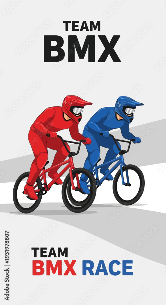 Naklejka premium Dynamic BMX Race: Red and Blue Cyclists in Action, Representing Team Spirit and Speed