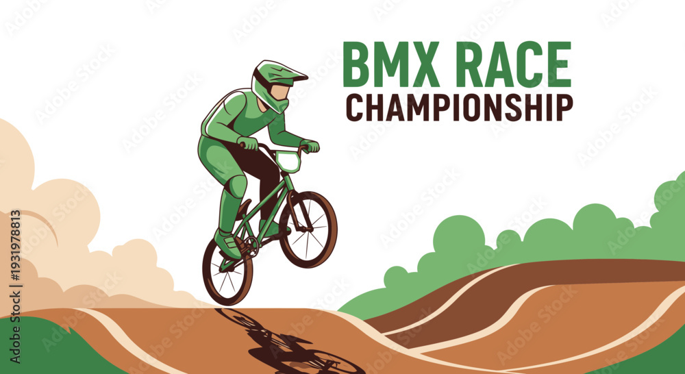 Naklejka premium Dynamic BMX Race Illustration Featuring Athlete Performing a Stunt in Championship Competition