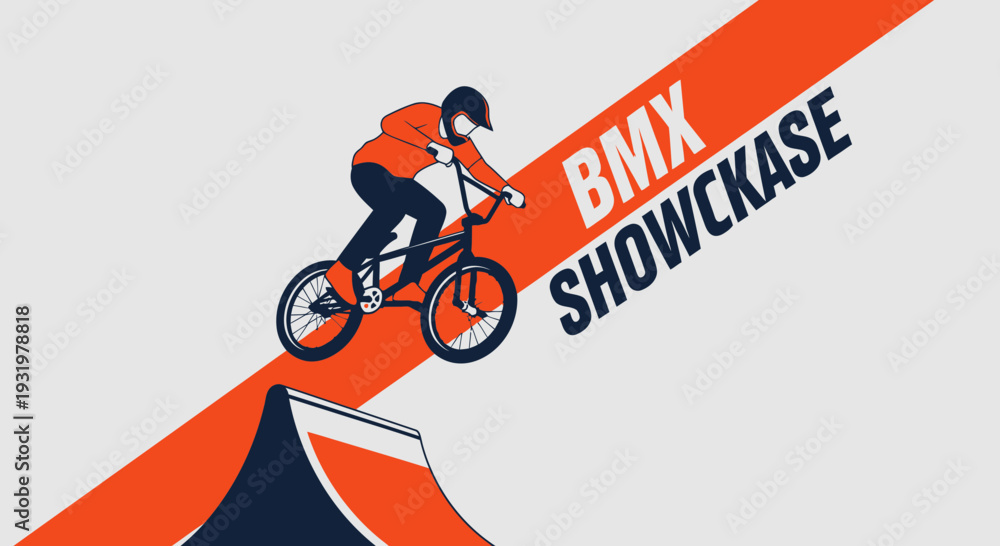 Obraz premium Dynamic BMX Show Depicting Airborne Athlete Performing Stunt Over Colorful Ramp and Line