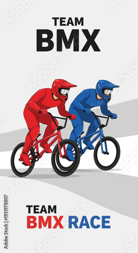 Dynamic BMX Race: Red and Blue Cyclists in Action, Representing Team Spirit and Speed