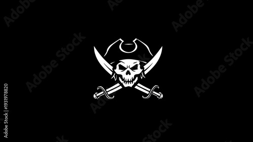 A stark, monochrome image of a skull wearing a hat above crossed swords