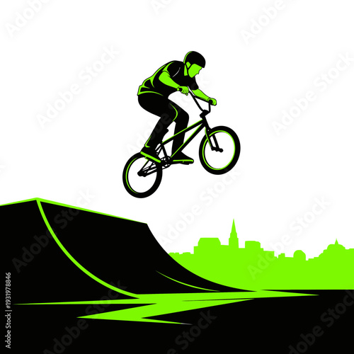 Dynamic BMX Rider Performing Aerial Stunt Above Urban Silhouette Against Bright Green Backdrop