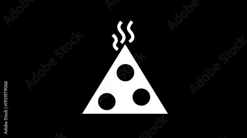 A white triangular food icon with three circles and steam on a solid black background