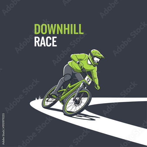 Dynamic Downhill Race Depiction: A Vibrant Mountain Biker Navigating A Sharp Curve