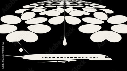 Graphic with plane beneath abstract shapes. A line connects the shapes, white on a black background