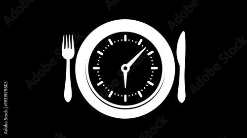 Stylized, white clock face on plate, with fork and knife on black background, for a visual metaphor