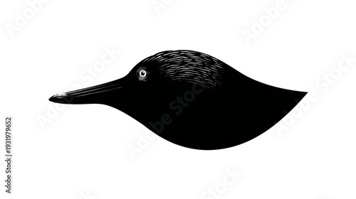 A stark black and white illustration of a bird's profile, showcasing its head and beak