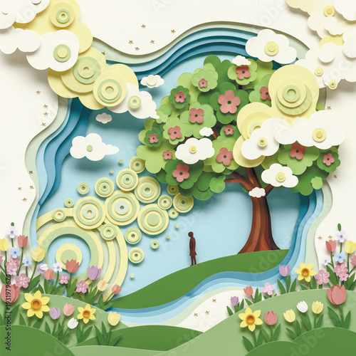 A whimsical, dream-like scene made from layered paper. A figure stands in a vibrant spring landscape under a blossoming tree.. Vector illustration