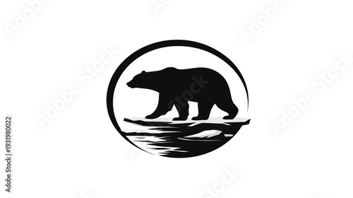 A silhouette of a polar bear standing on ice floes inside a black circle against a white background