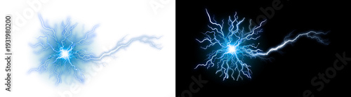Quadro em tela PNG image of A powerful and vibrant blue lightning strike with numerous intricate, crackling electrical tendrils radiating intensely from a brilliant central energy core on transparent background