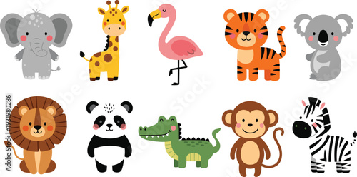 Cute Baby Wild Animals Vector Set, Adorable Jungle and Safari Character Collection Isolated on White Background for Kids Design.
