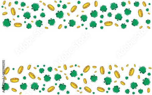 Festive St Patrick Day Celebration Border Frame with Shamrocks and Gold Coins