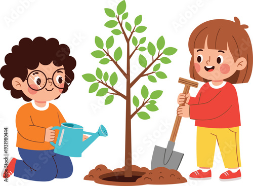 Cute Children Planting a Tree Together, Flat Vector Illustration of Kids Gardening and Caring for the Environment.
