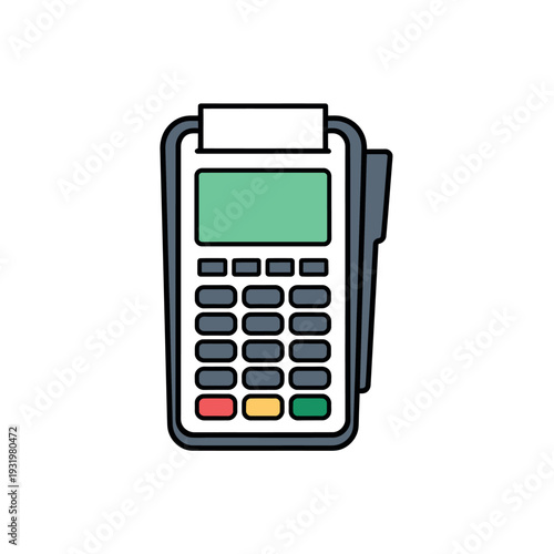 A digital illustration of a payment terminal with a keypad and receipt printer on a white background