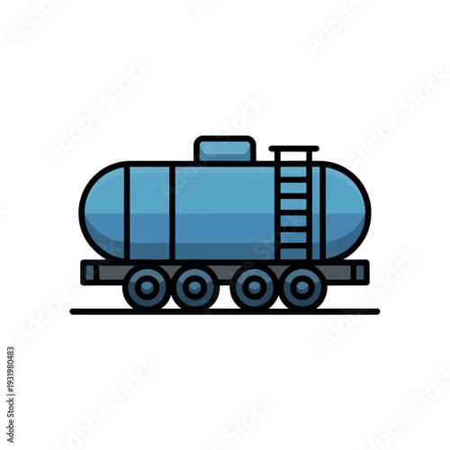 A cartoon illustration of a blue train tanker on a railroad track with a ladder on the side