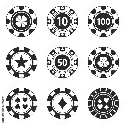 Poker Casino Chips Icons Set Featuring Simple Vector Graphics for Web Design and Online Gambling Interfaces Isolated on White Background for Professional Gaming Projects