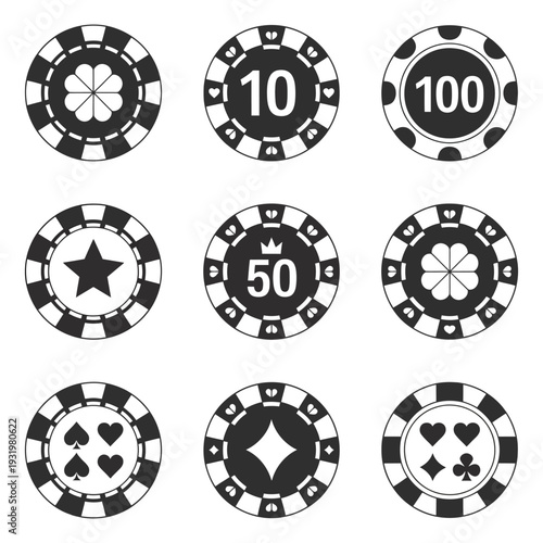Poker Casino Chips Icons Set Featuring Simple Vector Graphics for Web Design and Online Gambling Interfaces Isolated on White Background for Professional Gaming Projects