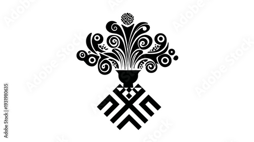 A stylized black and white illustration of an ornate vase design, abstract and symmetrical