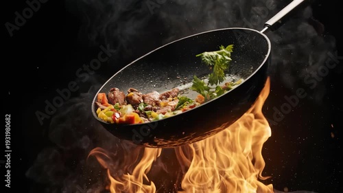 Sizzling Stir Fry Cooking in Wok on Fire.
