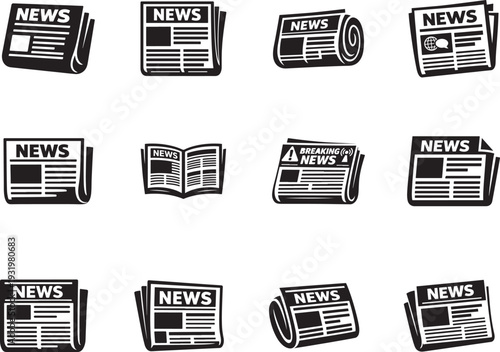 Newspaper icon set with press media headlines symbols, editable stroke minimal vector pack.