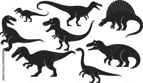 Black Dinosaur Silhouette Collection Featuring Tyrannosaurus Rex Spinosaurus Brachiosaurus and Raptor Predators Isolated on White Background for Vector Graphic Design Projects