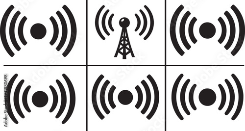 Radio wave icon set with simple monochrome sound signal lines, isolated editable stroke vector pack.
