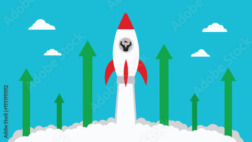 Businessman inside launching rocket ship concept vector illustration. Business startup success and financial growth strategy.