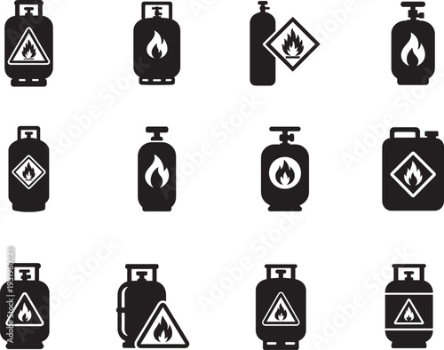 Gas tank and flammable gas icon set isolated on white, editable stroke safety vector pack.