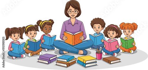 Flat Vector Illustration of a Teacher Reading Books with Diverse Group of Children, Storytime Activity in Kindergarten Classroom.