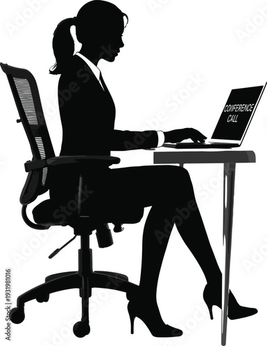 Black Silhouette of Business Woman Sitting in Office Chair at Desk Using Laptop for Virtual Meeting or Conference Call