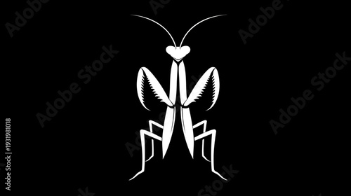 A stark white insect silhouette, on a black background, with prominent forelegs and antennae