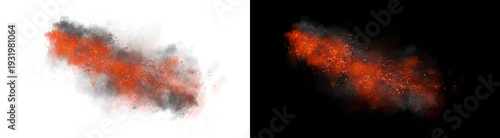 PNG image of Fiery orange and grey smoke explosion with glowing embers scattering dynamically across the scene on transparent background