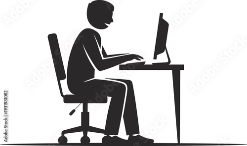 Black Silhouette of Office Worker Sitting at Desk Using Desktop Computer With Monitor and Keyboard Isolated on White Background