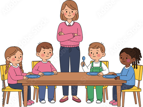 Flat Vector Illustration of Kindergarten Teacher and Diverse Group of Preschool Children Sitting at Dining Table for Lunch Time.