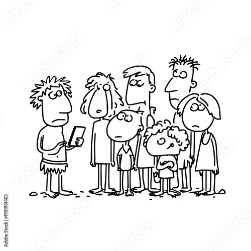 Group of sad cartoon people standing together one holding a mobile phone in a simple black and white illustration style