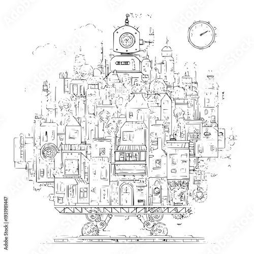 Steampunk cityscape on wheels with intricate gears and clockwork mechanisms in a detailed black and white illustration