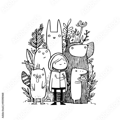 Whimsical black and white illustration of child surrounded by friendly anthropomorphic forest creatures in lush foliage