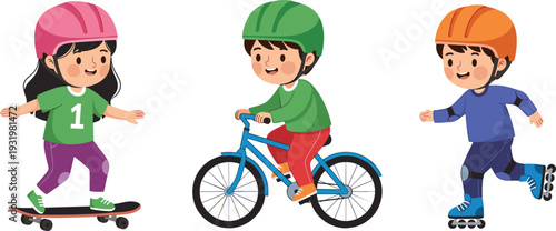 Group of Cute Children Wearing Safety Helmets Riding Skateboard Bicycle and Roller Skates, Kids Outdoor Sport Activity Illustration Vector