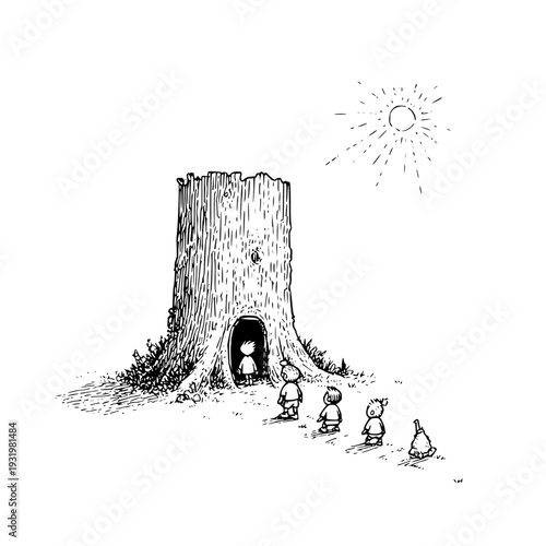 Whimsical illustration of children gathered around a hollow tree stump with one child inside on a sunny day evoking curiosity and friendship
