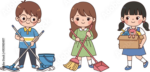Group of Cute Children Cleaning House with Mop Broom and Dustpan, Little Kids Doing Housework and Tidying Toys Illustration Vector
