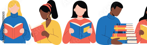Group of Diverse People Reading Books and Carrying Stacks of Books, Literacy and Lifelong Learning Concept Vector Illustration