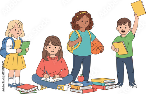 Group of Diverse School Children with Backpacks and Books, Multiethnic Kids Going Back to School and Education Concept Illustration Vector