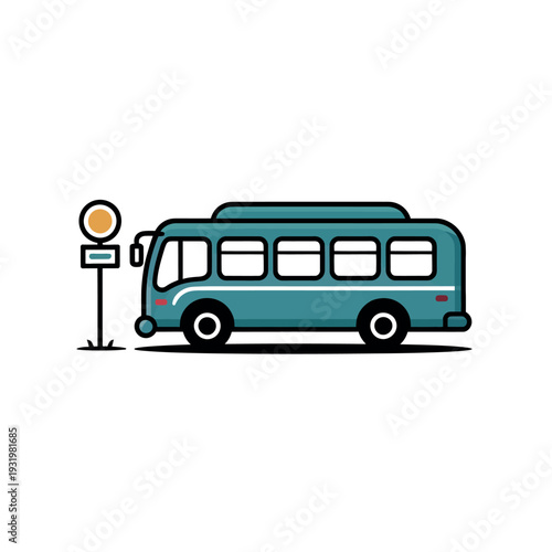 A teal-colored bus is parked next to a bus stop sign on a white background.