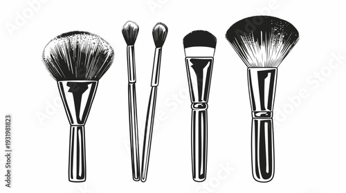 Black and white illustration of various makeup brushes, displayed against a stark white background
