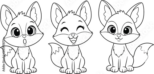 Three cartoon foxes with different facial expressions